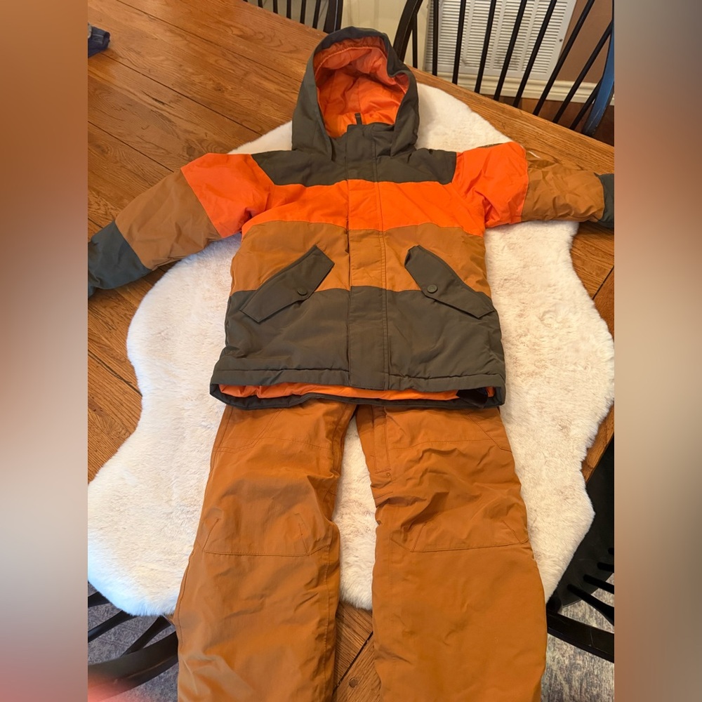 Burton Kids Orange, Green and Brown insulated Snowboard Pants and Jacket